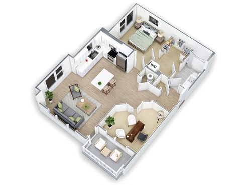 A 3D floor plan of a house with a living room, kitchen, and two bedrooms.